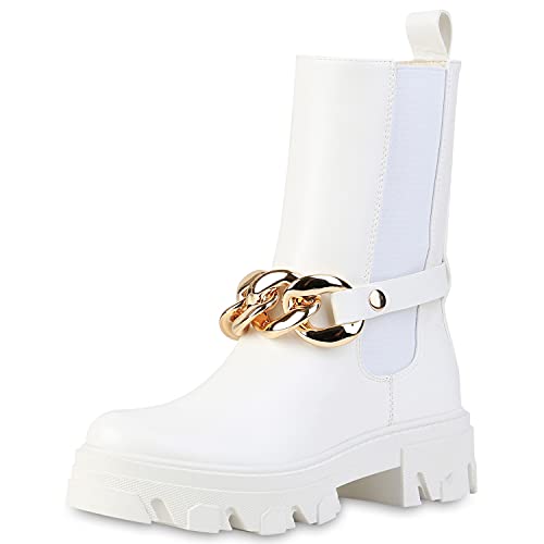 VAN HILL Damen Plateau Boots Blockabsatz Stiefeletten Freizeit Schuhe Ketten Stiefel Profilsohle Booties Absatzschuhe 201146 Weiss 40 von VAN HILL