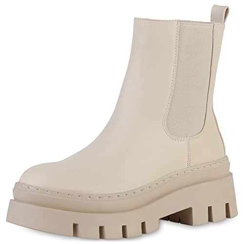 VAN HILL Damen Plateau Boots Freizeit Stiefeletten Blockabsatz Schuhe Profilsohle Stiefel Plateauschuhe Booties 208663 Beige 37 von VAN HILL