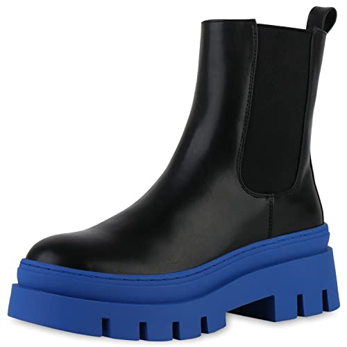 VAN HILL Damen Plateau Boots Freizeit Stiefeletten Blockabsatz Schuhe Profilsohle Stiefel Plateauschuhe Booties 210309 Schwarz Blau 41 von VAN HILL