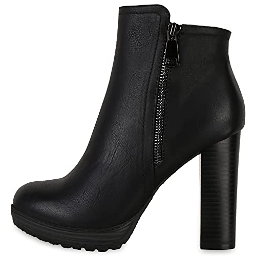 VAN HILL Damen Plateau Boots Gefütterte High Heels Stiefeletten Leder-Optik Schuhe Blockabsatz Booties Plateauschuhe Zipper 610427 Schwarz Black 39 von VAN HILL