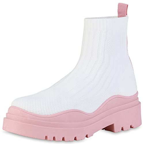 VAN HILL Damen Plateau Boots Stiefeletten Blockabsatz Plateau Vorne Schuhe Strick Profilsohle Booties 202627 Weiss Rosa 38 von VAN HILL