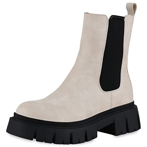 VAN HILL Damen Plateau Boots Stiefeletten Blockabsatz Schuhe Freizeit Stiefel Profilsohle Plateausohle Booties Freizeitstiefel 208688 Beige Schwarz 40 von VAN HILL