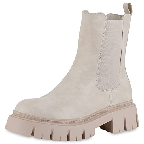 VAN HILL Damen Plateau Boots Stiefeletten Blockabsatz Schuhe Freizeit Stiefel Profilsohle Plateausohle Booties Freizeitstiefel 208690 Beige 41 von VAN HILL