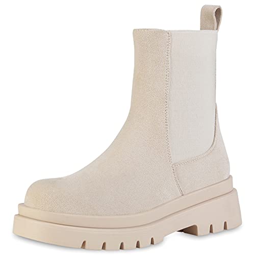 VAN HILL Damen Plateau Boots Stiefeletten Blockabsatz Schuhe Strick Stiefel Profilsohle Booties Plateauschuhe 201715 Beige Velours 36 von VAN HILL