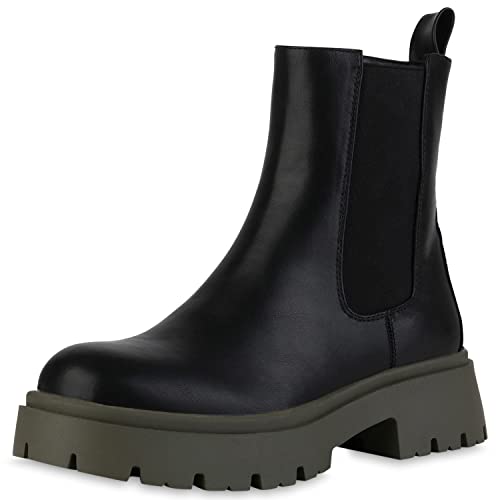VAN HILL Damen Plateau Boots Stiefeletten Profilsohle Schuhe Blockabsatz Plateauschuhe Freizeit Booties 211965 Schwarz Olivgrün 38 von VAN HILL