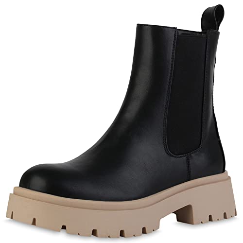 VAN HILL Damen Plateau Boots Stiefeletten Profilsohle Schuhe Blockabsatz Plateauschuhe Freizeit Booties 211967 Schwarz Beige 37 von VAN HILL