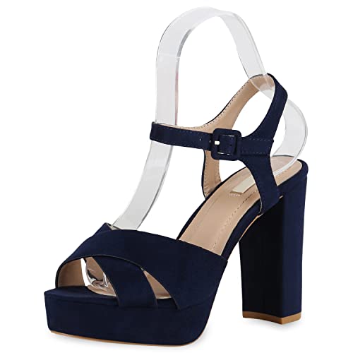 VAN HILL Damen Plateau Sandaletten Blockabsatz High Heels Wildleder-Optik Party Schuhe Absatzschuhe 175328 Dunkelblau Trendy 36 von VAN HILL