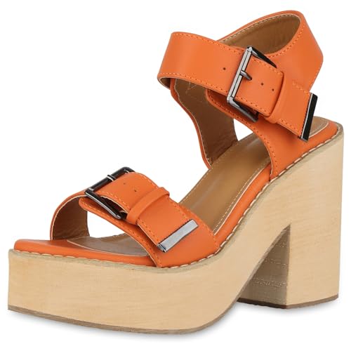 VAN HILL Damen Plateau Sandaletten Blockabsatz Holzoptikabsatz Trendy Schuhe 214379 Orange 37 von VAN HILL