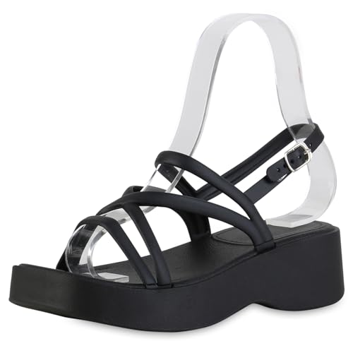 VAN HILL Damen Plateau Sandaletten Blockabsatz Plateau Vorne Trendy Schuhe 216943 Schwarz 39 von VAN HILL