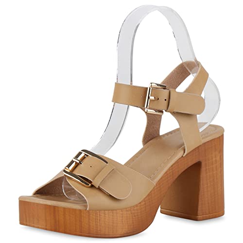 VAN HILL Damen Plateau Sandaletten Blockabsatz Schuhe Freizeit Holzoptikabsatz Absatzschuhe Leder-Optik Sommer Plateauschuhe 212478 Tan 38 von VAN HILL