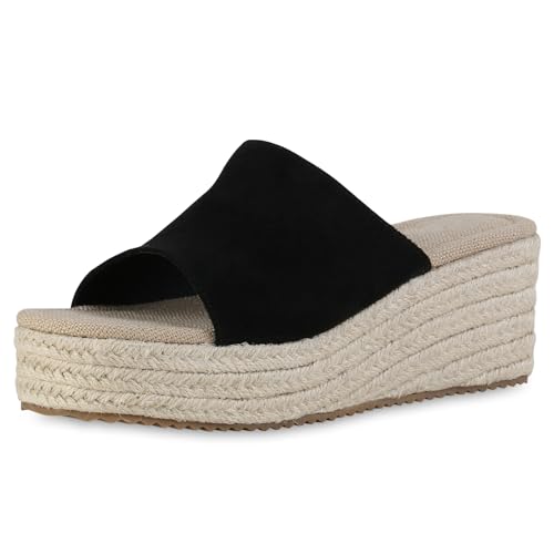 VAN HILL Damen Plateau Sandaletten Keilabsatz Bast Trendy Schuhe 215148 Schwarz 37 von VAN HILL