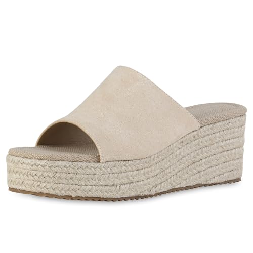 VAN HILL Damen Plateau Sandaletten Keilabsatz Bast Trendy Schuhe 215149 Beige 39 von VAN HILL
