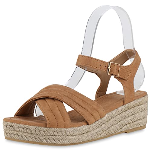 VAN HILL Damen Plateau Sandaletten Keilabsatz Bast Trendy Schuhe 840460 212825 Tan Velours 37 von VAN HILL