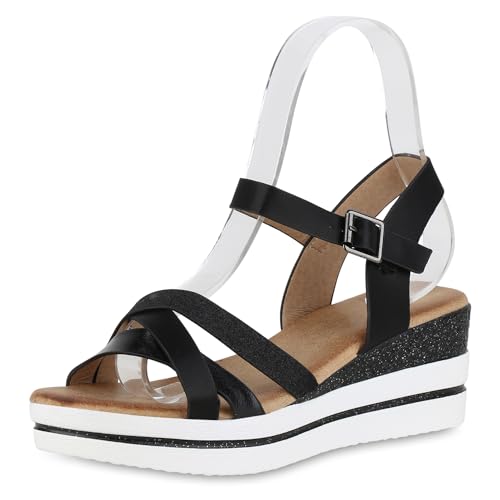 VAN HILL Damen Plateau Sandaletten Keilabsatz Glitzer Trendy Schuhe 214483 Schwarz 37 von VAN HILL