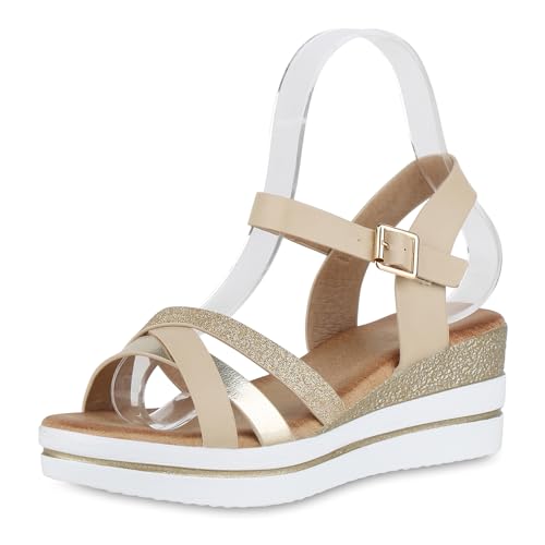 VAN HILL Damen Plateau Sandaletten Keilabsatz Glitzer Trendy Schuhe 214485 Beige 40 von VAN HILL