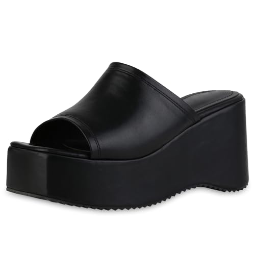 VAN HILL Damen Plateau Sandaletten Keilabsatz Plateau Vorne Trendy Schuhe 215170 Schwarz 38 von VAN HILL