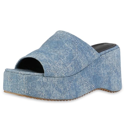 VAN HILL Damen Plateau Sandaletten Keilabsatz Plateau Vorne Trendy Schuhe 215173 Blau Denim 39 von VAN HILL