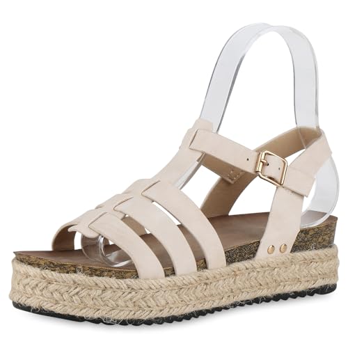 VAN HILL Damen Plateau Sandaletten Plateau Bast Trendy Schuhe 214349 Beige 38 von VAN HILL