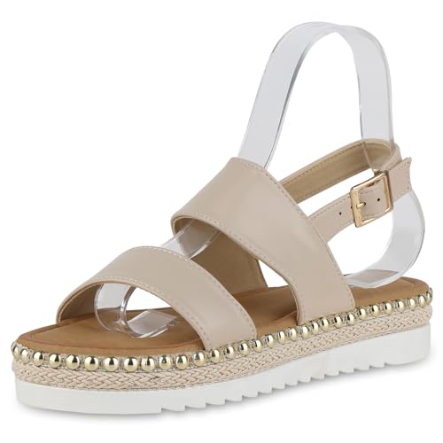 VAN HILL Damen Plateau Sandaletten Plateau Nieten Trendy Schuhe 215097 Beige 39 von VAN HILL
