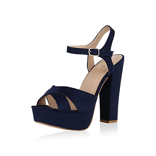 VAN HILL Damen Plateau Sandaletten Wildleder-Optik Party Schuhe Blockabsatz High Heels Basic Riemchen Absatzschuhe 175407 Dunkelblau 37 von VAN HILL