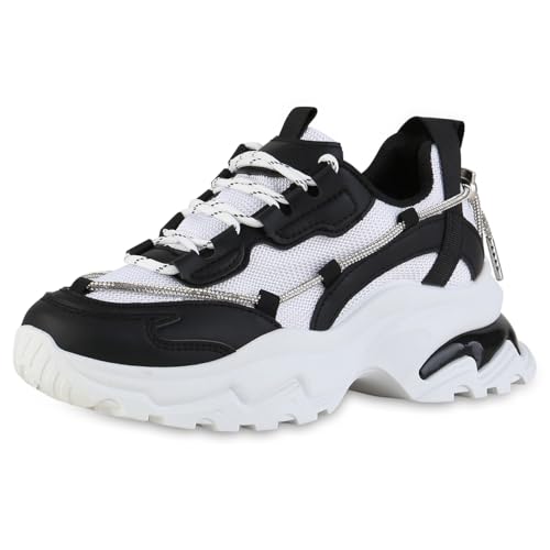 VAN HILL Damen Plateau Sneaker Blockabsatz Glitzer Trendy Schuhe 216683 Schwarz 38 von VAN HILL