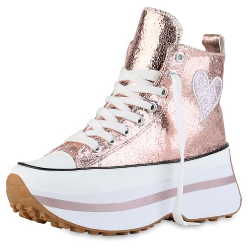 VAN HILL Damen Plateau Sneaker Blockabsatz Glitzer Trendy Schuhe 216849 Rose Gold 38 VAN HILL Damen Plateau Sneaker Blockabsatz Glitzer Trendy Schuhe 216849 Rose Gold 38 von VAN HILL