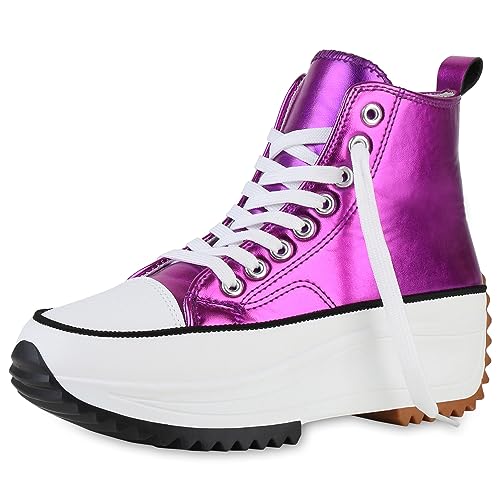 VAN HILL Damen Plateau Sneaker Blockabsatz Metallic Trendy Schuhe 840558 213148 Fuchsia Metallic 39 von VAN HILL