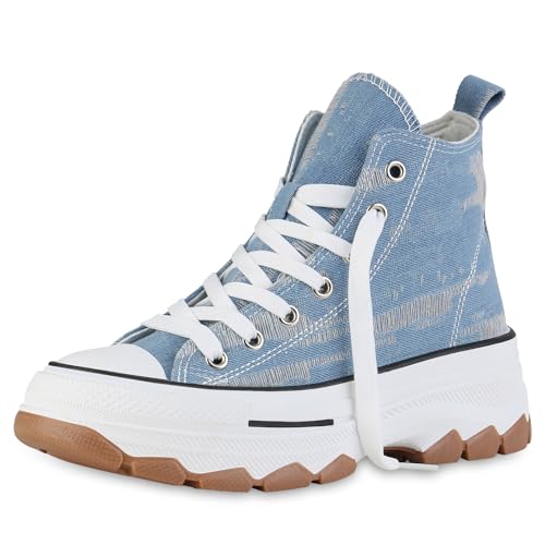 VAN HILL Damen Plateau Sneaker Blockabsatz Plateau Vorne Trendy Schuhe 215216 Hellblau Denim 37 von VAN HILL