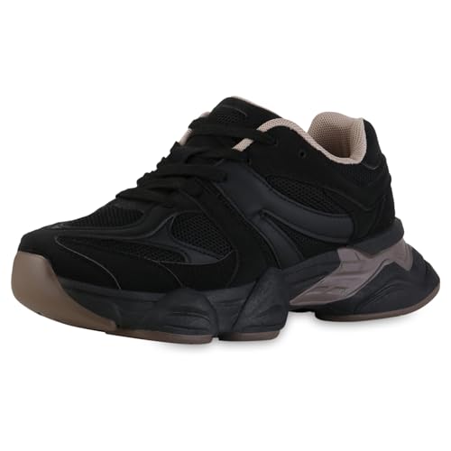 VAN HILL Damen Plateau Sneaker Blockabsatz Plateau Vorne Trendy Schuhe 217603 Schwarz 37 von VAN HILL