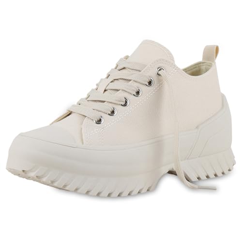 VAN HILL Damen Plateau Sneaker Blockabsatz Profilsohle Trendy Schuhe 217283 Beige 40 von VAN HILL