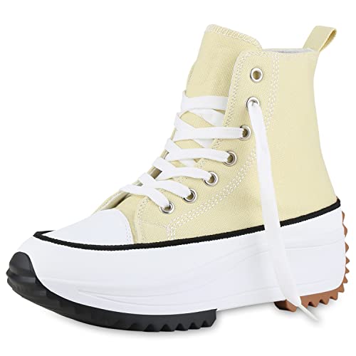 VAN HILL Damen Plateau Sneaker Blockabsatz Schuhe Freizeit Stoff Schnürer Profilsohle Keilsneaker Plateauschuhe 210590 Light Yellow 39 von VAN HILL