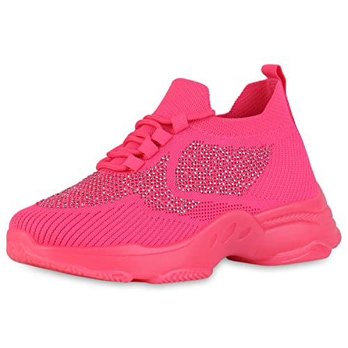 VAN HILL Damen Plateau Sneaker Blockabsatz Schuhe Strick Schnürer Profilsohle Plateauschuhe Strass Stoffschuhe Freizeitschuhe 211841 Neon Pink 38 von VAN HILL