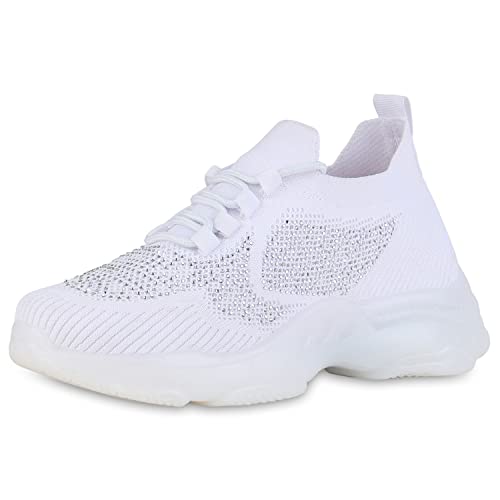 VAN HILL Damen Plateau Sneaker Blockabsatz Schuhe Strick Schnürer Profilsohle Plateauschuhe Strass Stoffschuhe Freizeitschuhe 211842 Weiss 37 von VAN HILL