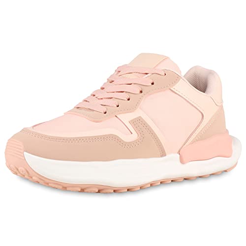 VAN HILL Damen Plateau Sneaker Freizeit Schuhe Kunstleder Stoff Schnürer Profilsohle Plateauschuhe Schnürschuhe 202907 Rosa 38 von VAN HILL