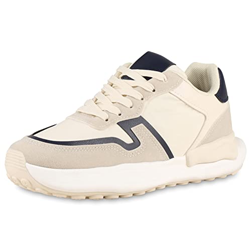 VAN HILL Damen Plateau Sneaker Freizeit Schuhe Kunstleder Stoff Schnürer Profilsohle Plateauschuhe Schnürschuhe 202908 Grau Dunkelblau Beige 39 von VAN HILL