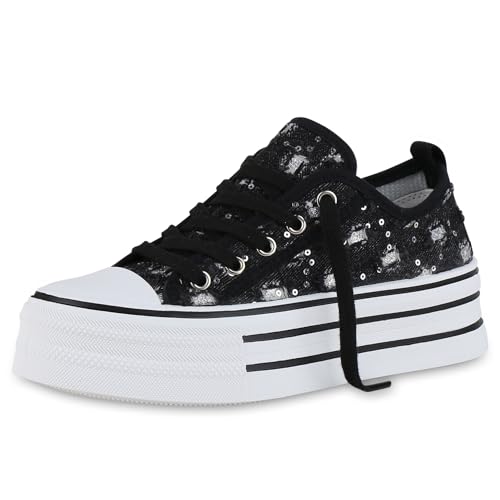 VAN HILL Damen Plateau Sneaker Keilabsatz Denim Trendy Schuhe 214560 Schwarz Denim 38 von VAN HILL