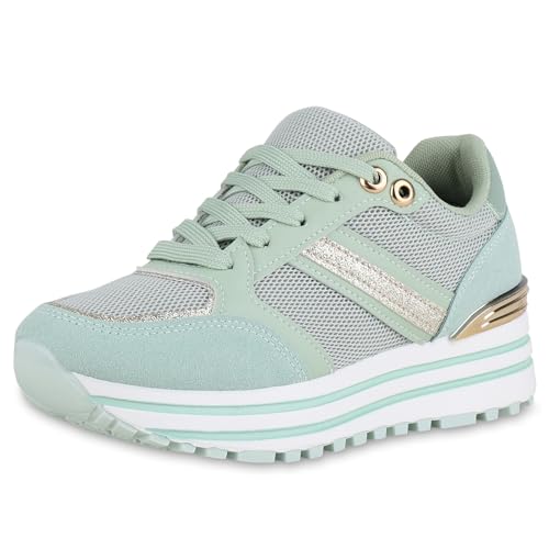 VAN HILL Damen Plateau Sneaker Keilabsatz Glitzer Trendy Schuhe 215528 Hellgrün 36 von VAN HILL