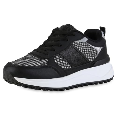 VAN HILL Damen Plateau Sneaker Keilabsatz Glitzer Trendy Schuhe 216783 Schwarz 40 von VAN HILL