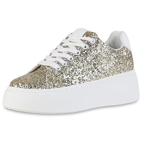 VAN HILL Damen Plateau Sneaker Keilabsatz Glitzer Trendy Schuhe 840510 213014 Gold 37 von VAN HILL