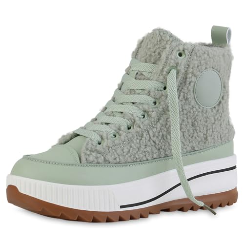 VAN HILL Damen Plateau Sneaker Keilabsatz Kunstfell Trendy Schuhe 214250 Hellgrün Kunstfell 37 von VAN HILL