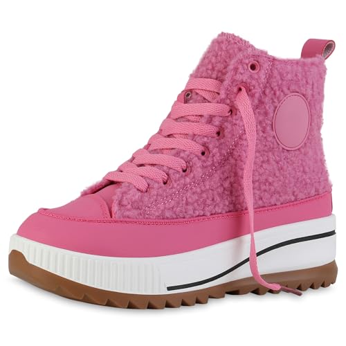 VAN HILL Damen Plateau Sneaker Keilabsatz Kunstfell Trendy Schuhe 214253 Fuchsia Kunstfell 38 von VAN HILL