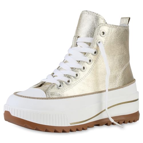 VAN HILL Damen Plateau Sneaker Keilabsatz Plateau Vorne Trendy Schuhe 215182 Gold 36 von VAN HILL