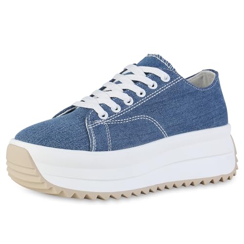 VAN HILL Damen Plateau Sneaker Keilabsatz Plateau Vorne Trendy Schuhe 215220 Dunkelblau Denim 40 von VAN HILL