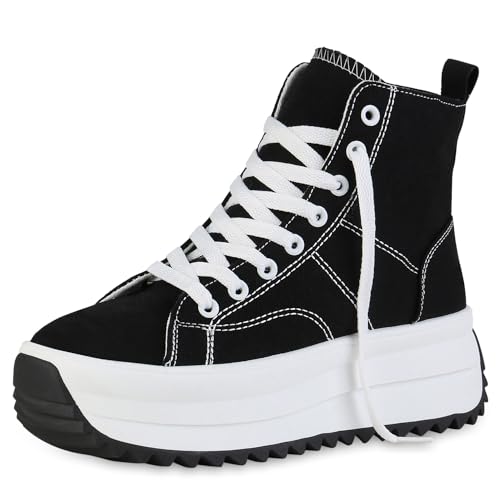 VAN HILL Damen Plateau Sneaker Keilabsatz Plateau Vorne Trendy Schuhe 215224 Schwarz Trendy 40 von VAN HILL