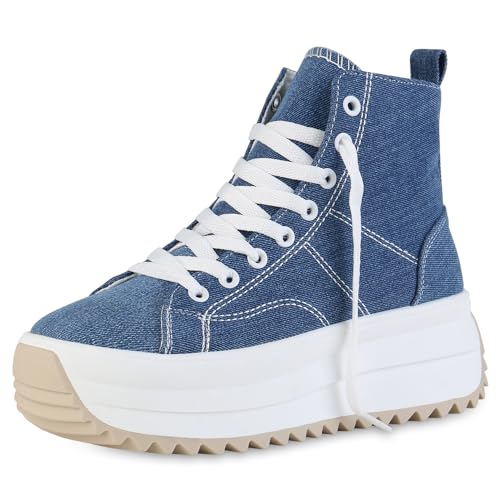 VAN HILL Damen Plateau Sneaker Keilabsatz Plateau Vorne Trendy Schuhe 215228 Dunkelblau Denim 39 von VAN HILL