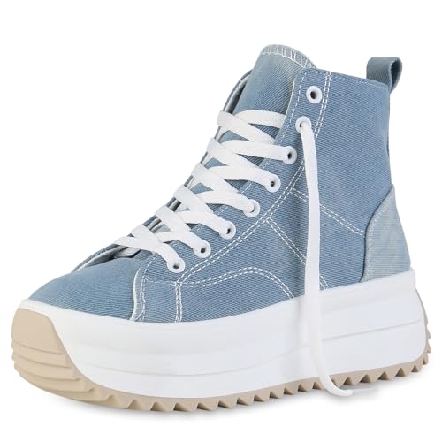 VAN HILL Damen Plateau Sneaker Keilabsatz Plateau Vorne Trendy Schuhe 215229 Blau Denim Trendy 36 von VAN HILL