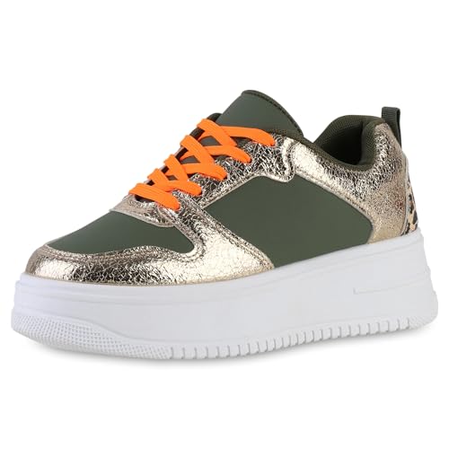 VAN HILL Damen Plateau Sneaker Keilabsatz Prints Trendy Schuhe 214296 Olivgrün Gold Leo 40 von VAN HILL