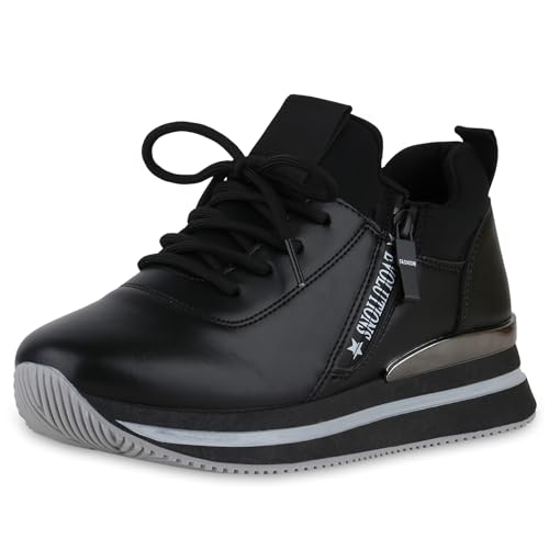 VAN HILL Damen Plateau Sneaker Keilabsatz Prints Trendy Schuhe 214563 Schwarz 36 von VAN HILL