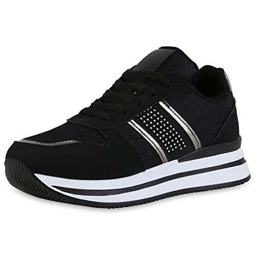 VAN HILL Damen Plateau Sneaker Keilabsatz Schuhe Freizeit Metallic Schnürer Glitzer Keilsneaker Schnürschuhe 211414 Schwarz Silber Metallic 37 von VAN HILL