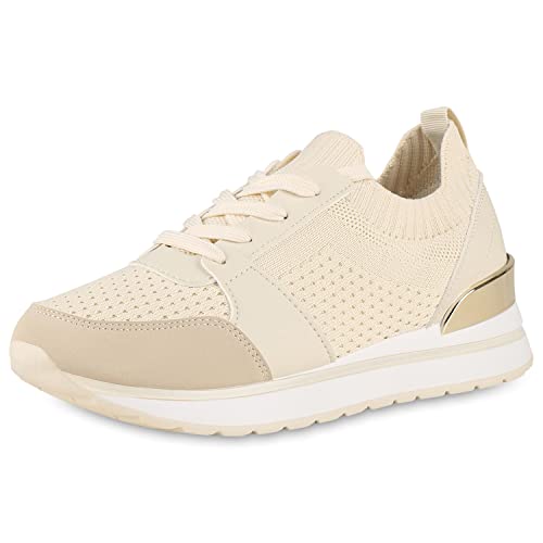 VAN HILL Damen Plateau Sneaker Keilabsatz Schuhe Stoff Schnürer Strick Keilsneaker Profilsohle Plateauschuhe Schnürschuhe 203027 Beige Robust 37 von VAN HILL